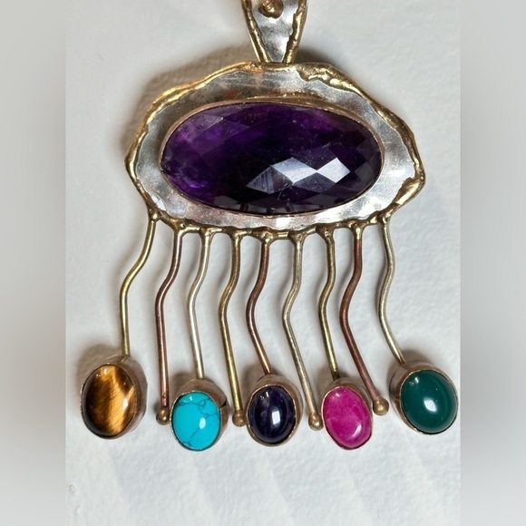 Elegant Artisan Multi Gemstone Pendant Hand Crafted 40mm Wire Necklace 4006 - Picture 2 of 16